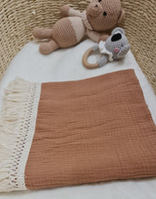 Load image into Gallery viewer, Fringe Baby Muslin Wrap Blanket - Tan