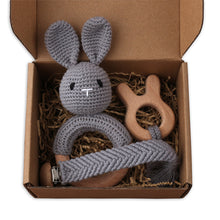 Load image into Gallery viewer, Set of 3 Handmade Baby Crochet Wooden Ring Grey Bunny Rattle Teether and Baby Woven Pacifier Easy Clip Chain with Wooden Bunny Toy Set