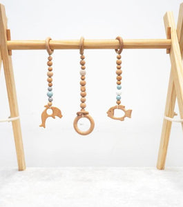 Set of 3 - Hanging Sea Animal Beech Wood Toy with Wooden Crochet Beads for Baby Play Gym, Mobile Crib, Pram