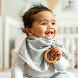 Cotton Muslin Baby Organic Burp Cloth with Wooden Teether Ring - Roman Green