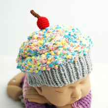 Load image into Gallery viewer, Baby Beanie - Crochet Cupcake Beanie Baby With Grey Brim