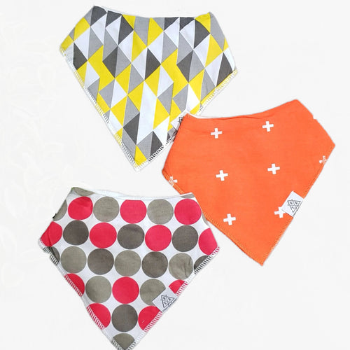 Set of 3 Fashionable Baby Organic Bandana Bibs - Circle, Cross & Triangle Design