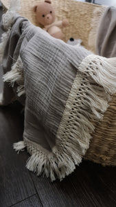Baby Muslin Wrap Fringe Blanket - Grey