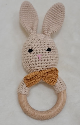 Natural & Handmade Crochet Wooden Rattle Teether Ring - Bunny with Mustard Colour Bow
