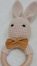 Load image into Gallery viewer, Natural &amp; Handmade Crochet Wooden Rattle Teether Ring - Bunny with Mustard Colour Bow