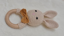 Load image into Gallery viewer, Natural &amp; Handmade Crochet Wooden Rattle Teether Ring - Bunny with Mustard Colour Bow