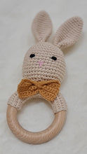 Load image into Gallery viewer, Natural &amp; Handmade Crochet Wooden Rattle Teether Ring - Bunny with Mustard Colour Bow