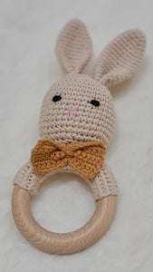 Natural & Handmade Crochet Wooden Rattle Teether Ring - Bunny with Mustard Colour Bow