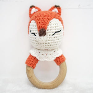 Natural & Handmade Crochet Wooden Rattle Teether Ring - Fox