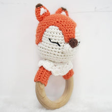 Load image into Gallery viewer, Natural &amp; Handmade Crochet Wooden Rattle Teether Ring - Fox
