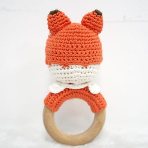 Natural & Handmade Crochet Wooden Rattle Teether Ring - Fox