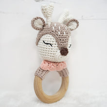 Load image into Gallery viewer, Natural &amp; Handmade Crochet Wooden Rattle Teether Ring - Deer