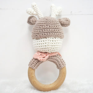 Natural & Handmade Crochet Wooden Rattle Teether Ring - Deer