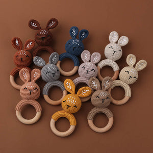 Natural & Handmade Crochet Wooden Baby Rattle Teether Ring – Dark Grey Bunny