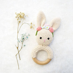 Natural & Handmade Crochet Wooden Rattle Teether Ring - Crown Bunny