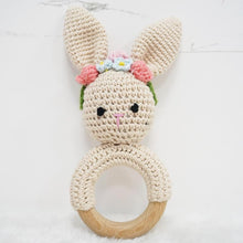 Load image into Gallery viewer, Natural &amp; Handmade Crochet Wooden Rattle Teether Ring - Crown Bunny