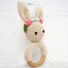 Load image into Gallery viewer, Natural &amp; Handmade Crochet Wooden Rattle Teether Ring - Crown Bunny
