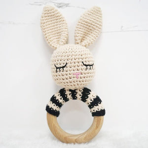 Natural & Handmade Crochet Wooden Rattle Teether Ring - Sleeping Bunny