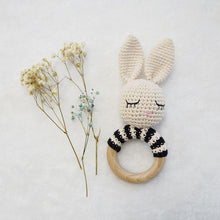 Load image into Gallery viewer, Natural &amp; Handmade Crochet Wooden Rattle Teether Ring - Sleeping Bunny