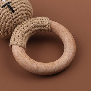 Natural & Handmade Crochet Wooden Baby Rattle Teether Ring – Light Brown Bunny