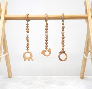 Set of 3 - Hanging Animal Beech Wood Toy with Wooden Crochet Beads for Baby Play Gym, Mobile Crib, Pram