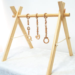 Set of 3 - Hanging Animal Beech Wood Toy with Wooden Crochet Beads for Baby Play Gym, Mobile Crib, Pram