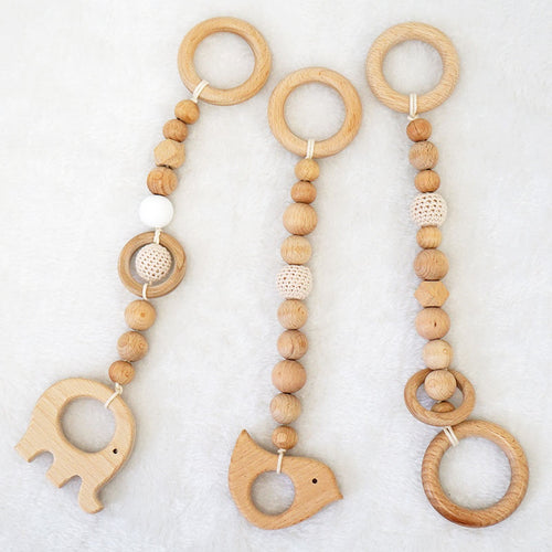 Set of 3 - Hanging Animal Beech Wood Toy with Wooden Crochet Beads for Baby Play Gym, Mobile Crib, Pram