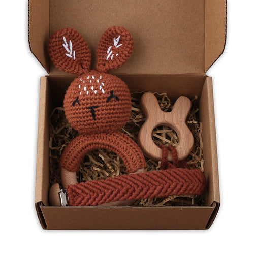 Set of 3 - Handmade Baby Crochet Wooden Ring Brown Bunny Rattle Teether with Baby Woven Pacifier Easy Clip Chain and Wooden Bunny Toy Set