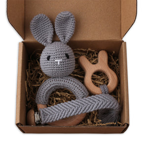 Set of 3 Handmade Baby Crochet Wooden Ring Grey Bunny Rattle Teether and Baby Woven Pacifier Easy Clip Chain with Wooden Bunny Toy Set