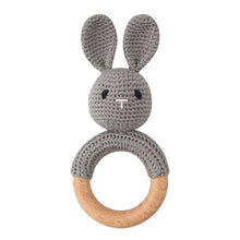 Load image into Gallery viewer, Set of 3 Handmade Baby Crochet Wooden Ring Grey Bunny Rattle Teether and Baby Woven Pacifier Easy Clip Chain with Wooden Bunny Toy Set