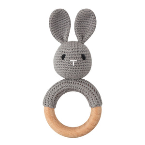 Set of 3 Handmade Baby Crochet Wooden Ring Grey Bunny Rattle Teether and Baby Woven Pacifier Easy Clip Chain with Wooden Bunny Toy Set