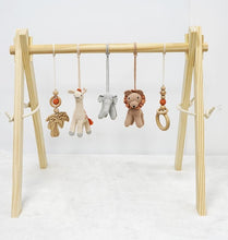 Load image into Gallery viewer, Activity Wooden Play Gym with Handmade Hanging Rattle Crochet Lion Toys Set