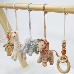 Activity Wooden Play Gym with Handmade Hanging Rattle Crochet Lion Toys Set