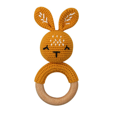 Natural & Handmade Crochet Wooden Baby Rattle Teether Ring – Mustard Bunny