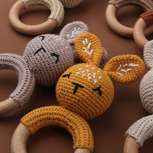 Natural & Handmade Crochet Wooden Baby Rattle Teether Ring – Mustard Bunny