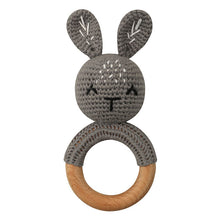 Load image into Gallery viewer, Natural &amp; Handmade Crochet Wooden Baby Rattle Teether Ring – Dark Grey Bunny