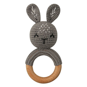Natural & Handmade Crochet Wooden Baby Rattle Teether Ring – Dark Grey Bunny