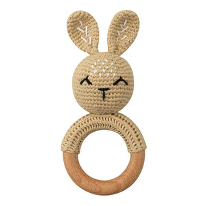 Natural & Handmade Crochet Wooden Baby Rattle Teether Ring – Beige Bunny
