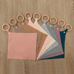 Cotton Muslin Baby Organic Burp Cloth with Wooden Teether Ring - Roman Green