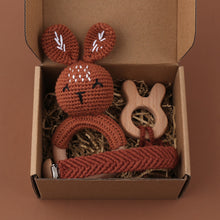 Load image into Gallery viewer, Set of 3 - Handmade Baby Crochet Wooden Ring Brown Bunny Rattle Teether with Baby Woven Pacifier Easy Clip Chain and Wooden Bunny Toy Set