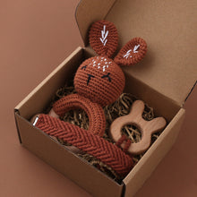 Load image into Gallery viewer, Set of 3 - Handmade Baby Crochet Wooden Ring Brown Bunny Rattle Teether with Baby Woven Pacifier Easy Clip Chain and Wooden Bunny Toy Set