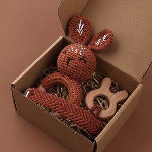 Set of 3 - Handmade Baby Crochet Wooden Ring Brown Bunny Rattle Teether with Baby Woven Pacifier Easy Clip Chain and Wooden Bunny Toy Set