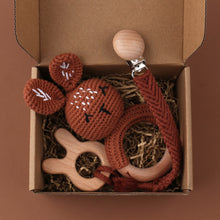 Load image into Gallery viewer, Set of 3 - Handmade Baby Crochet Wooden Ring Brown Bunny Rattle Teether with Baby Woven Pacifier Easy Clip Chain and Wooden Bunny Toy Set