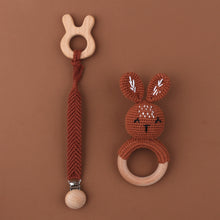 Load image into Gallery viewer, Set of 3 - Handmade Baby Crochet Wooden Ring Brown Bunny Rattle Teether with Baby Woven Pacifier Easy Clip Chain and Wooden Bunny Toy Set