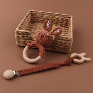 Set of 3 - Handmade Baby Crochet Wooden Ring Brown Bunny Rattle Teether with Baby Woven Pacifier Easy Clip Chain and Wooden Bunny Toy Set