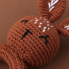 Load image into Gallery viewer, Set of 3 - Handmade Baby Crochet Wooden Ring Brown Bunny Rattle Teether with Baby Woven Pacifier Easy Clip Chain and Wooden Bunny Toy Set