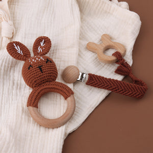 Set of 3 - Handmade Baby Crochet Wooden Ring Brown Bunny Rattle Teether with Baby Woven Pacifier Easy Clip Chain and Wooden Bunny Toy Set