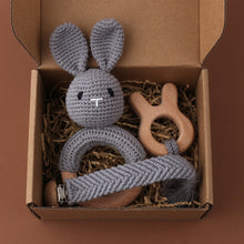 Load image into Gallery viewer, Set of 3 Handmade Baby Crochet Wooden Ring Grey Bunny Rattle Teether and Baby Woven Pacifier Easy Clip Chain with Wooden Bunny Toy Set