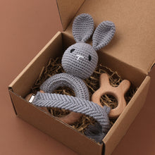 Load image into Gallery viewer, Set of 3 Handmade Baby Crochet Wooden Ring Grey Bunny Rattle Teether and Baby Woven Pacifier Easy Clip Chain with Wooden Bunny Toy Set