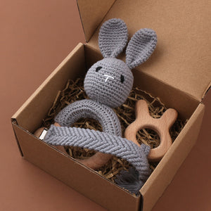 Set of 3 Handmade Baby Crochet Wooden Ring Grey Bunny Rattle Teether and Baby Woven Pacifier Easy Clip Chain with Wooden Bunny Toy Set